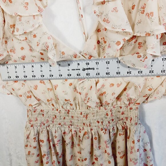 Sabo Skirt, Mini Dress, Ruffled, Open Back, Cream/Orange Floral, Size Medium - Picture 11 of 16